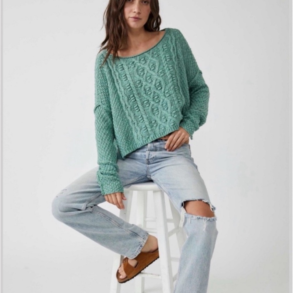 Free People Changing Tides Teal Cable Knit Sweater Cropped Long Sleeve